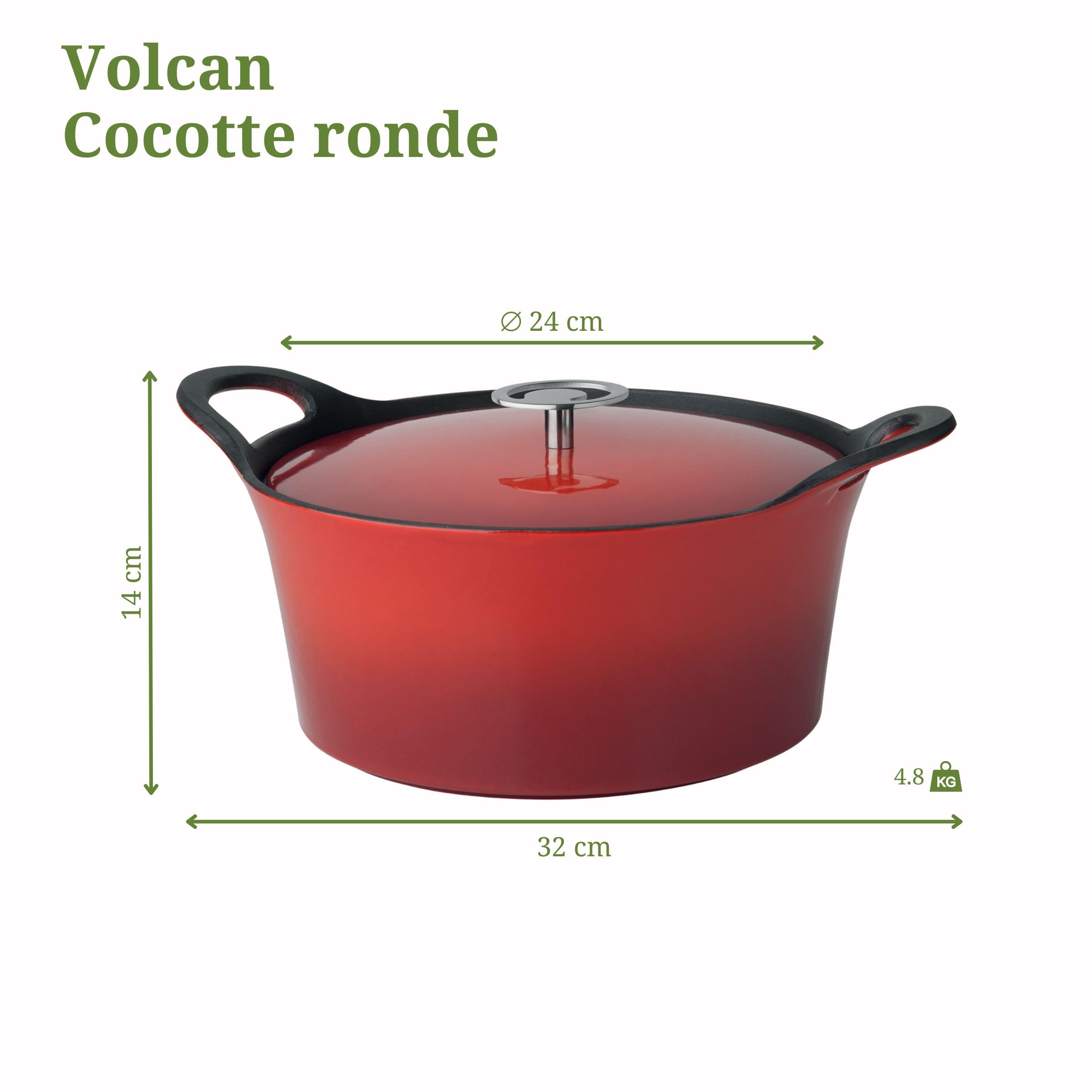Cuisinox C61180WX22857 Volcan brytfanna, okrągła, 24 cm, żeliwo, emaliowane, kolor czerwony, z pokrywką