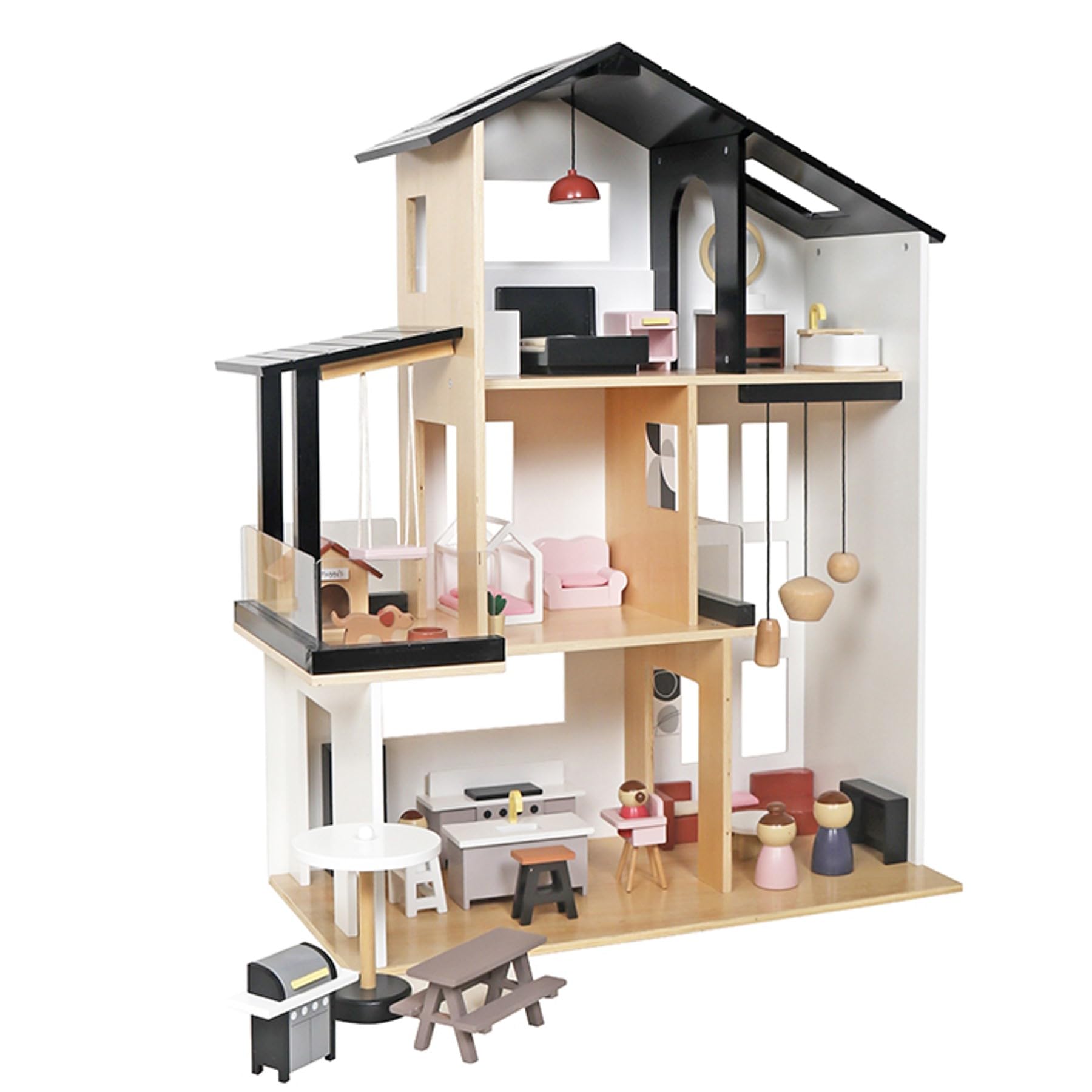 Modernes Puppenhaus Stadtvilla aus Holz – 3 Etagen mit 49 Zubehörteilen, Möbeln, 4 Figuren & Hund – Design Villa mit Balkon, Garten & Hundehütte – Geschenk für Mädchen & Jungen