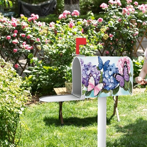 Image of Spring Summer Mailbox Cover Magnetic Standard Size 20.5 inch x 18 inch, Hydrangea Flower Butterfly Decorative Post Letter Box Wrap Decor, Floral Seasonal Garden Yard Outdoor Decoration
