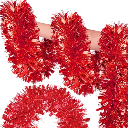 Image of 50FT Red Christmas Tinsel Garland, Metallic Twist Shiny Hanging Garland Ornaments for Xmas Tree Party Supplies Thick Thin Metallic Streamers for Indoor Outdoor Decor