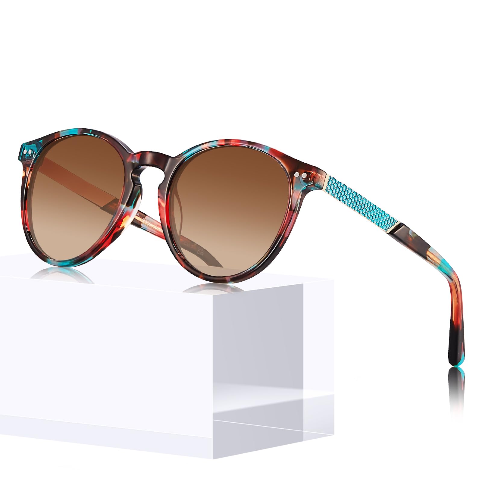 CARFIA Retro Acetate Round Womens Sunglasses Polarized UV Protection, Small Face Frame Vintage Circle Shades CA5201 Red Tortoise Frame Gradient Brown Lens