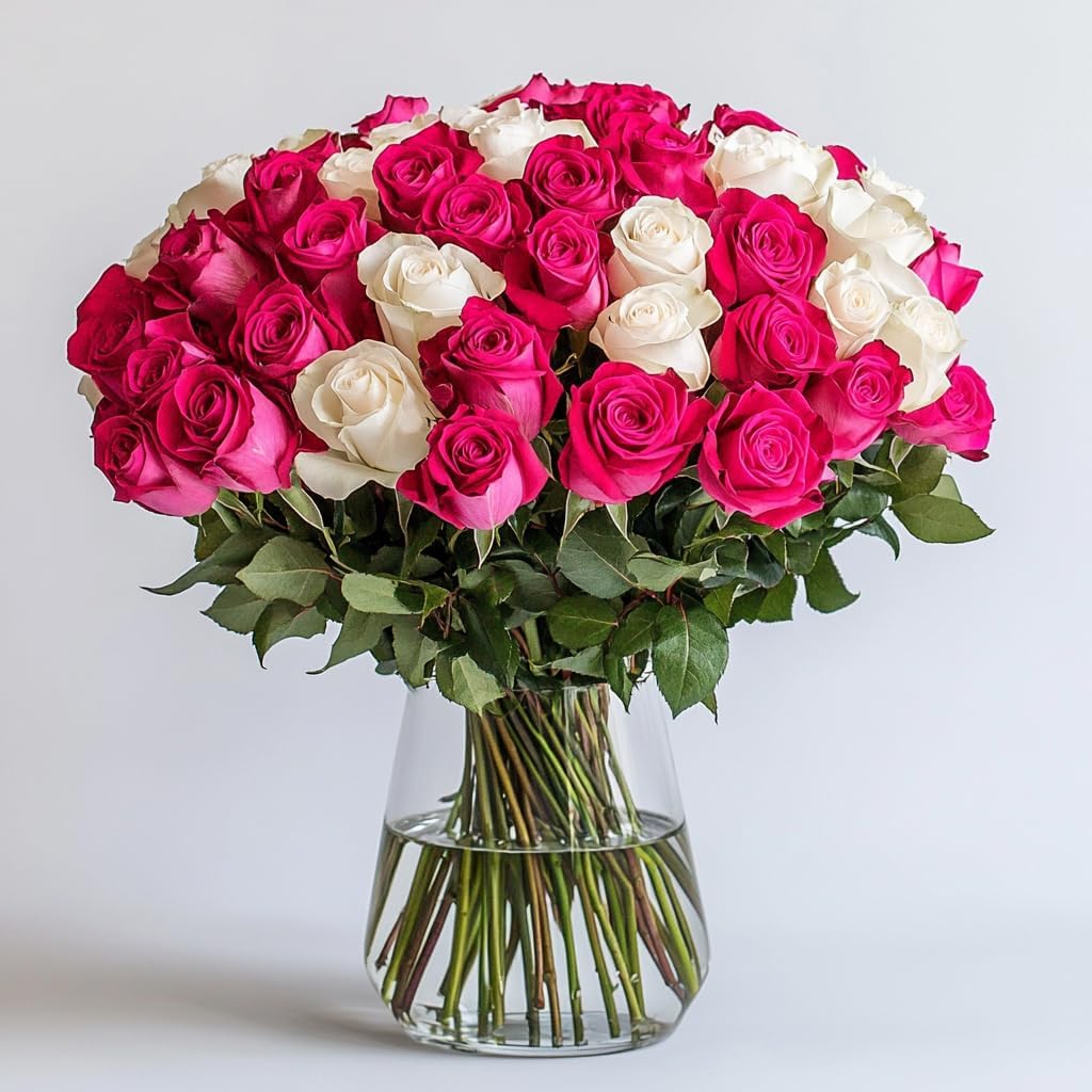 GlobalRose 50 Fresh Cut Roses (25 Hot Pink and 25 White) - Fresh Flowers Bouquet - Flowers for Mother's Day, Wedding, Birthday, Anniversary, Women's Day, or Home Decor (OM)