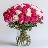 GlobalRose 50 Fresh Cut Roses (25 Hot Pink and 25 White) - Fresh Flowers Bouquet - Flowers for Valentine's Day, Wedding, Birthday, Anniversary, Women's Day, or Home Decor (OM)