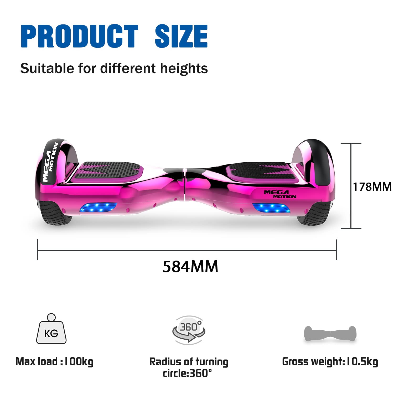 MEGA MOTION Hoverboards con Hoverkart per Bambini, Hoverboards a due Ruote da 6,5 Pollici con Altoparlante Bluetooth, con Luci a LED, Regalo per Bambini e Adolescenti