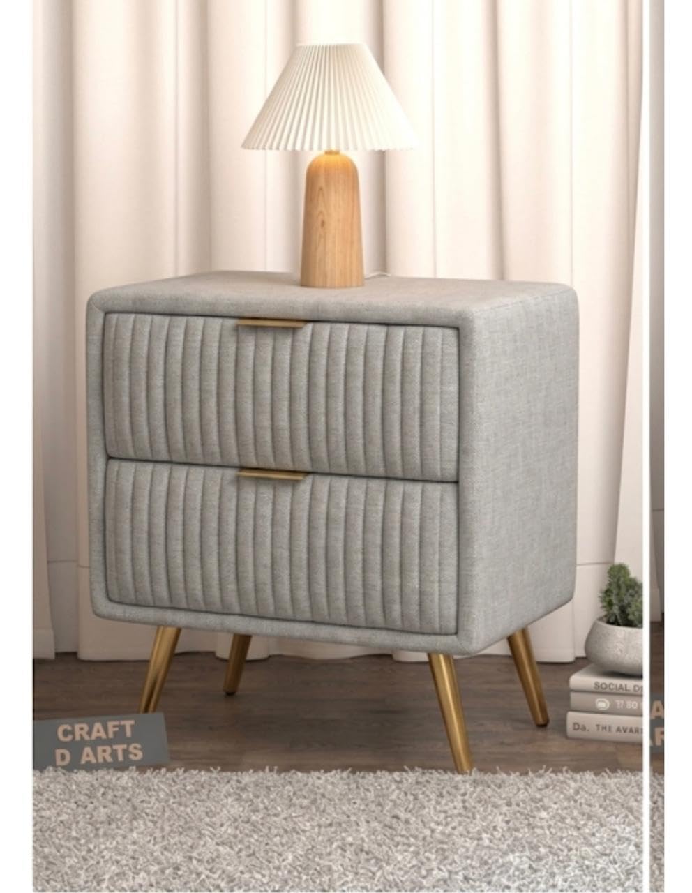 Craft D Art HDMR Upholstered Bedside Table with 2 Channel-Tufted Drawers for Bedroom | Modern Nightstand with Gold Accents & Metal Legs | Side Table for Living Room, Home & Office | DIY Assembly |Grey-image-25