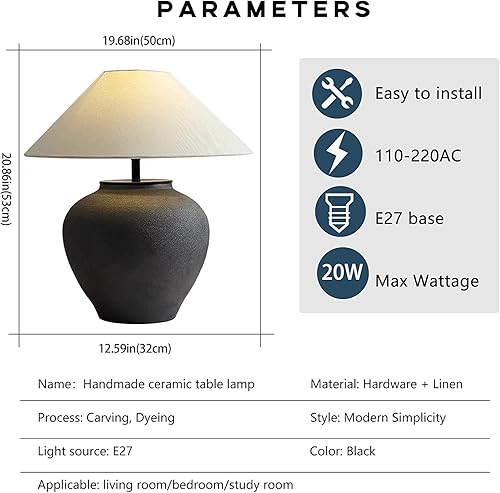 Miniatura 2 de JITEM Lámpara de Mesa - Lámpara de mesa rústica negra de 20.86 pulgadas de alto, lámpara de noche de cerámica hecha a mano con pantalla de tambor