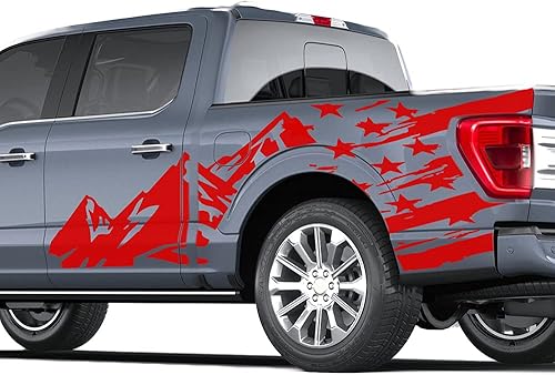 Calcomanías gráficas de montañas laterales y bandera compatibles con Ford F150 (rojo)