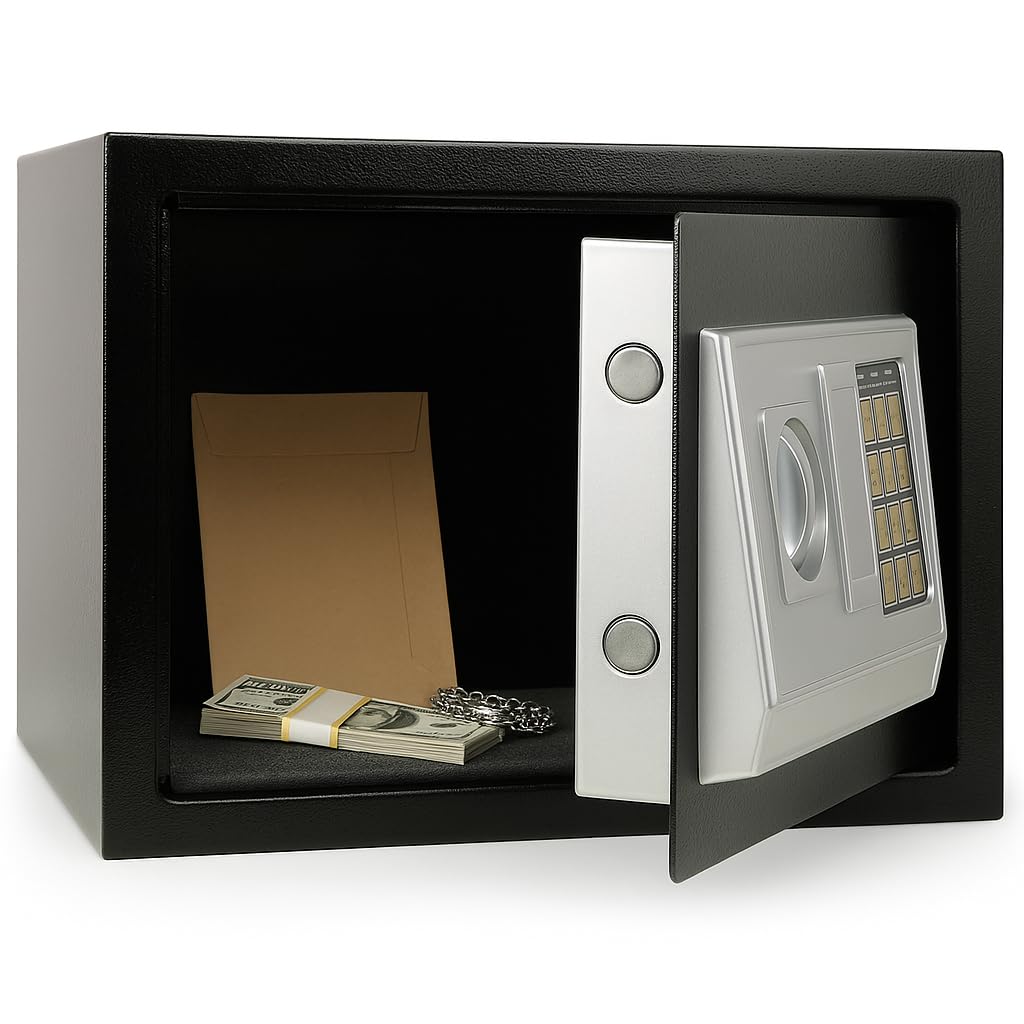 Utilia Security Cassaforte Elettronica con Combinatore Digitale, 2 Catenacci, Codice 4 Cifre + Chiave, Fissaggio a Muro/Armadio, Acciaio Verniciato (2 misure) (310x200x200h)