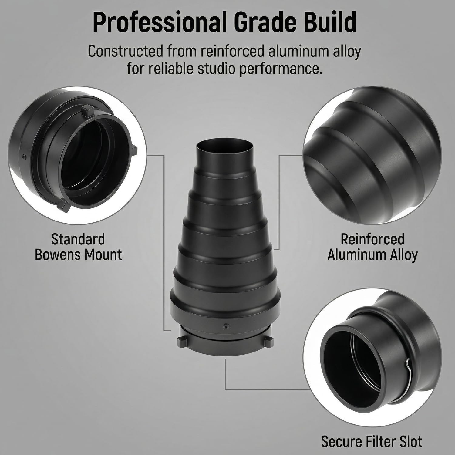 QWORK Aluminium Alloy Conical Studio Snoot Kit with 5 Color Filters & Honeycomb Grid, Compatible with Bowens Mount Strobe Flash Speedlight Moonlights