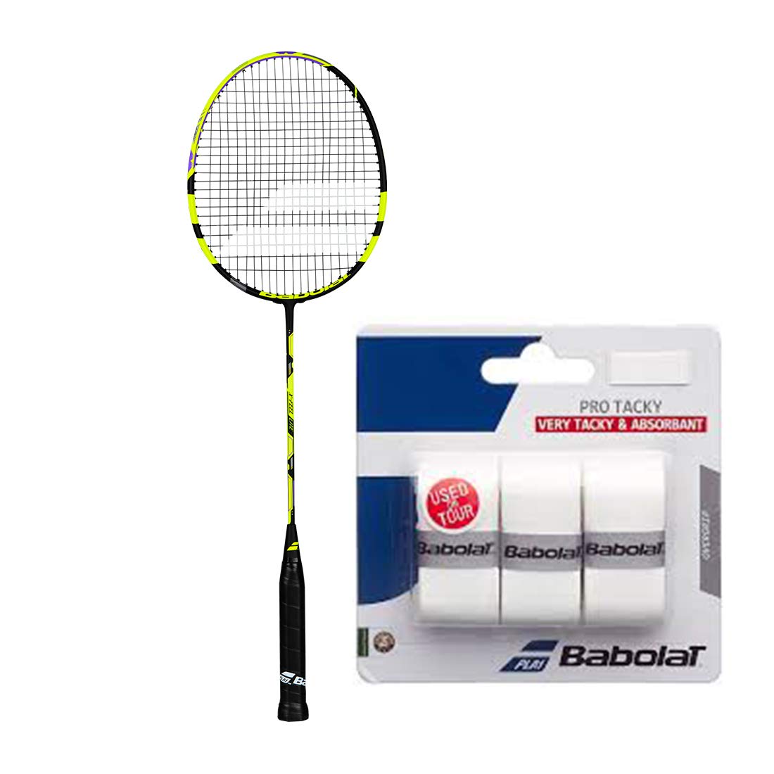 babolat x-feel lite high modular full graphite unstrung badminton racket with pro tacky x3 white overgrip pack of 3