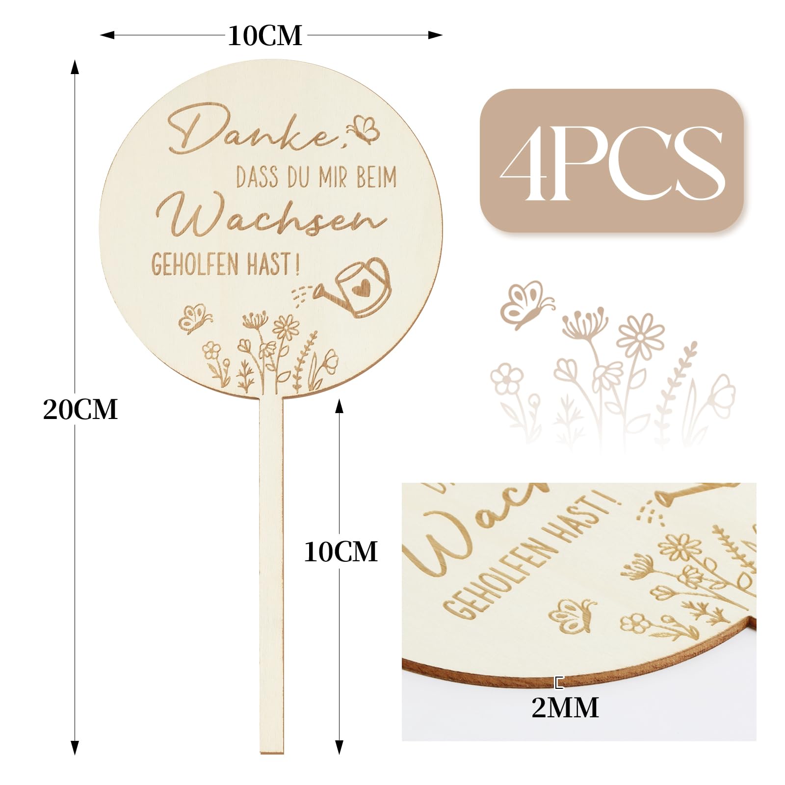 Holz Blumenstecker 'Danke Dass Du Mir Beim Wachsen Geholfen Hast' - 4er Set