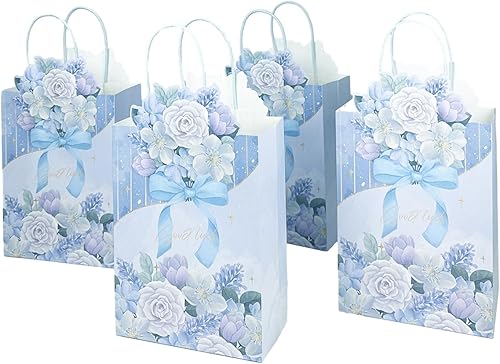 Miniatura 2 de qiqee Paquete de 24 bolsas de regalo de papel de flores azules con asas a granel de 8.26 x 6 x 3.15 pulgadas, bolsas de regalo de múltiples usos,