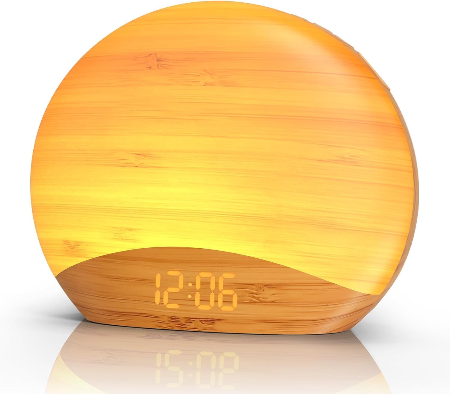 REACHER Lichtwecker Sonnenaufgang, Nachtlicht, 0–100% Dimmbare Uhr, 26 Beruhigender Klängen, Nachttischlampen, Holz Tageslichtwecker für Schlafzimmer, Erwachsene, Babys, Kinder