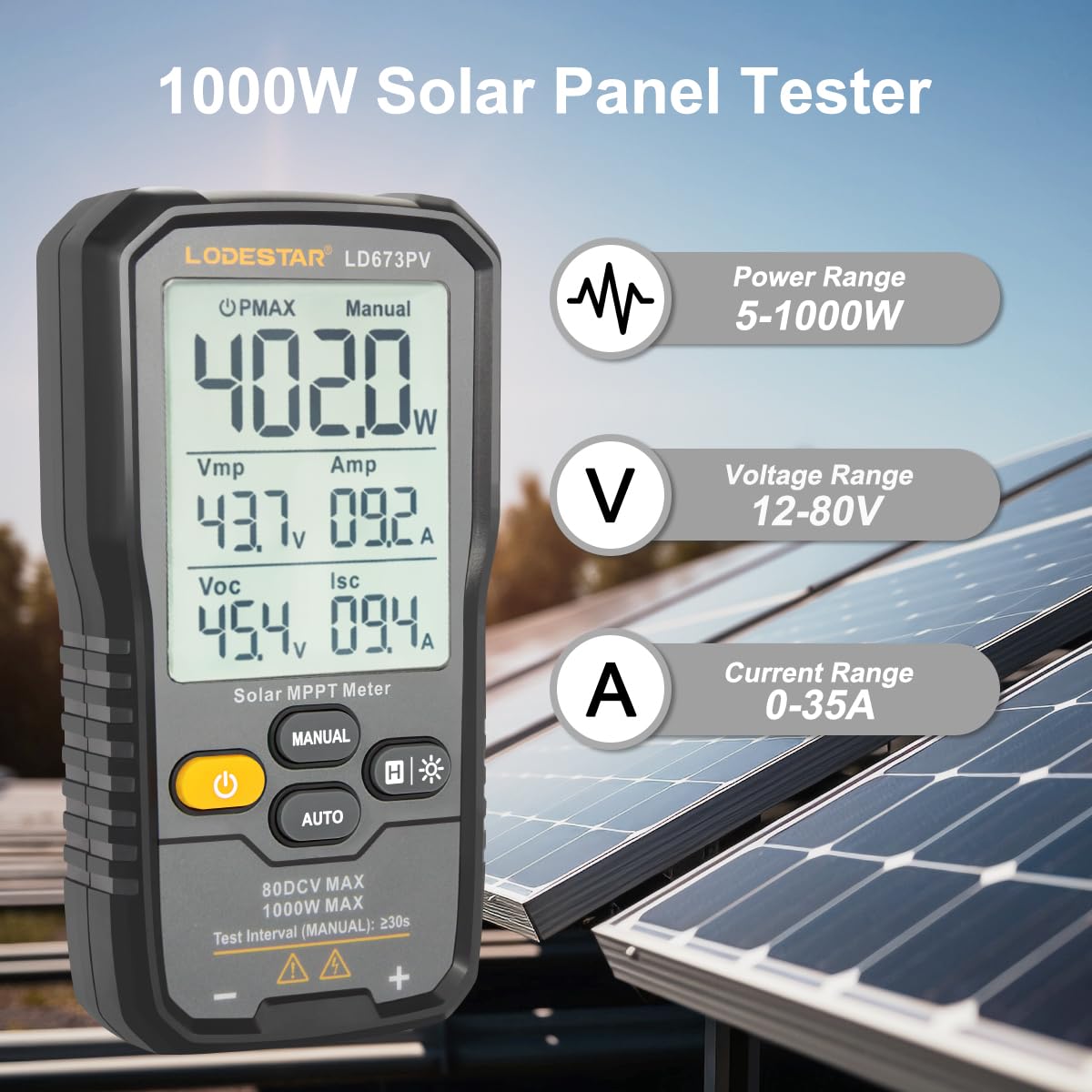 GALOOK Probador de Paneles Solares, 1000W, 80V DC máx, 35A Medidor de Potencia Solar MPPT para Paneles Fotovoltaicos, Comprobador de Módulos Fotovoltaicos para la Resolución de Averías