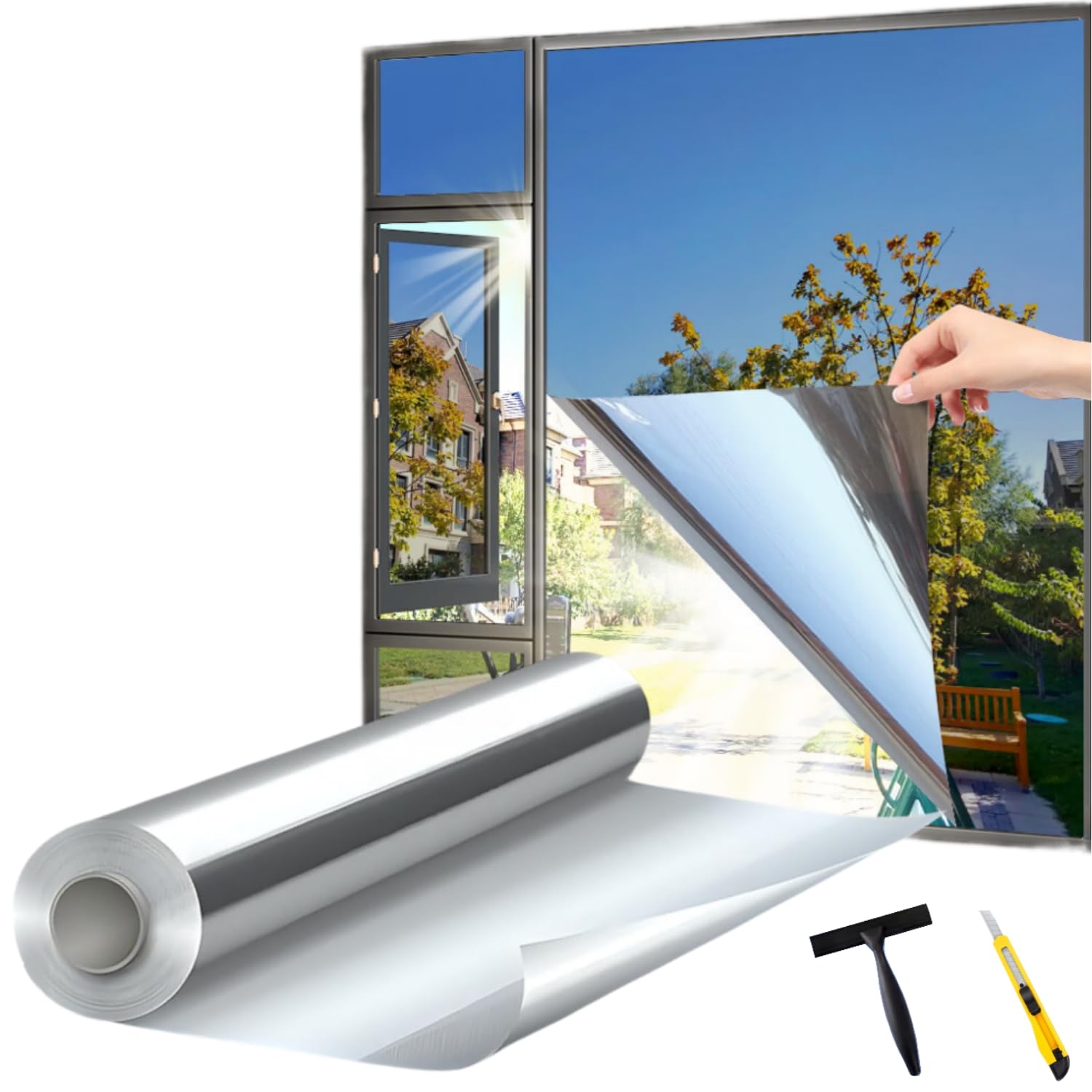 Film Miroir pour fenetre Anti Regard Anti UV avec Kit de Pose Film occultant Fenêtre Bon Effet Miroir Protection de la Vie privée pour Maison Bureau Magasin (Argenté, 76X400 CM)