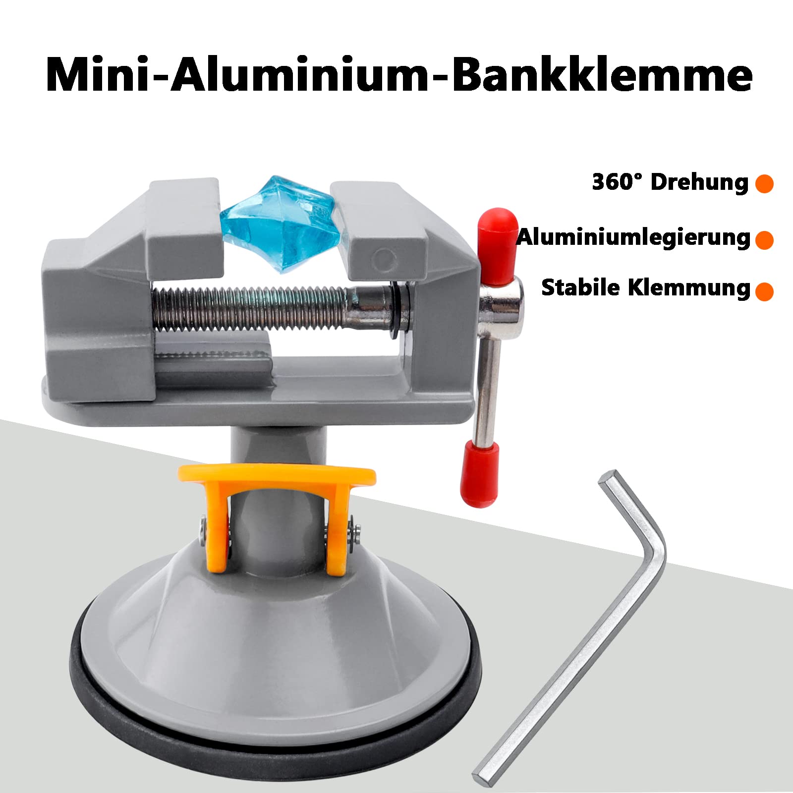 Mini Schraubstock mit 360 Grad Drehung - Klein, Handlich, Stahl - Saugnapf, Sechskantschlüssel Inklusive