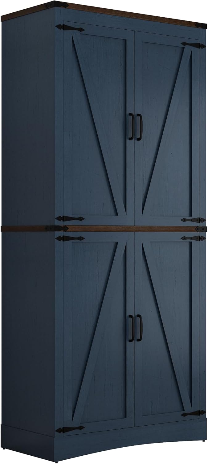 71in Farmhouse Kitchen Pantry Cabinet,Tall Storage Cabinet with 4 Doors and Adjustable shelves,with Load-Bearing Steel Pipe,Wood Storage Cabinets for Kitchen,Dining Room,Bathroom(Rustic Blue)