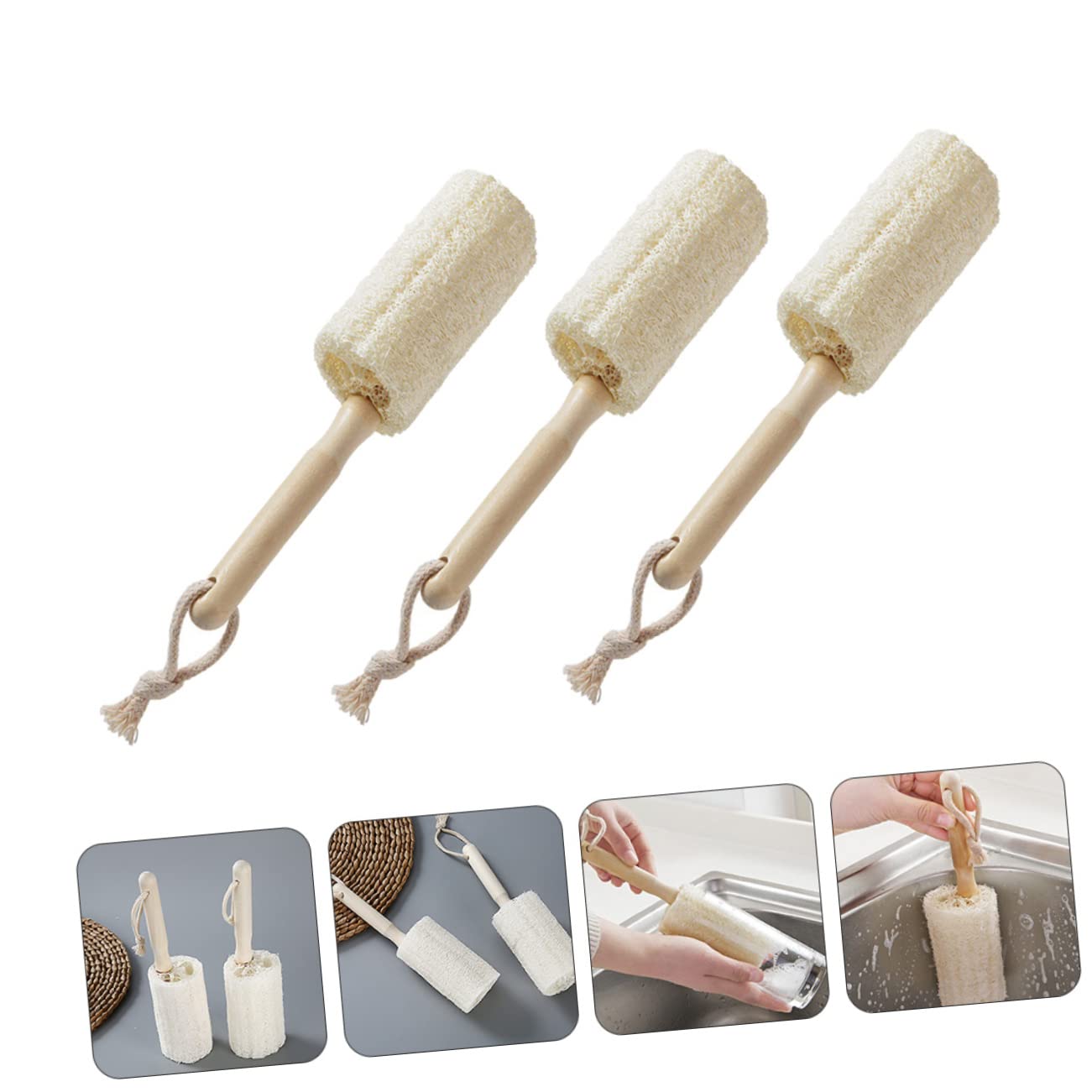 VALICLUD 3 Set Tazza Scrubber Cucina Pulizia Maniglia Becher Pennello A Manico Lungo Spazzola Per Bottiglie Bottiglia Detergente Per Bottiglie Di Legno 3 Pezzi * 3