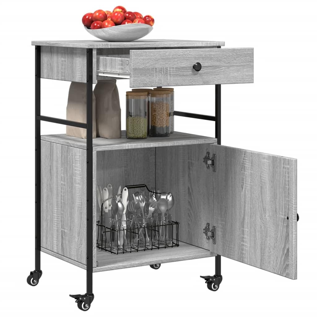Küchenwagen Grau Sonoma Holzwerkstoff 56x43x89,5 cm Servierwagen mit Stauraum 4 Rollen Bremsen Beistellwagen
