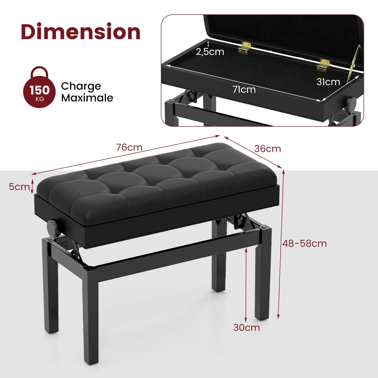GIANTEX Banc pour piano avec hauteur réglable de 48 à 58 cm, tabouret rembourré pour 2 personnes, tabouret avec espace de rangement et pieds antidérapants, noir