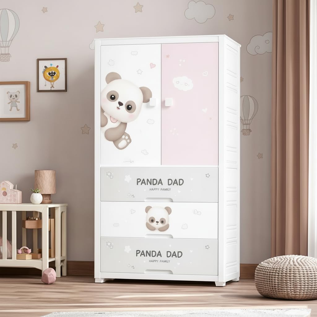 Mevigo 4- Door Plastic Wardrobe for Kids| Almirah and Wardrobe for Baby Clothes| Modular Storage Cabinet with Wheel Organizer for Cupboard Rack for Clothes/Shoes/Books/Toy -Little panda-SJ6514