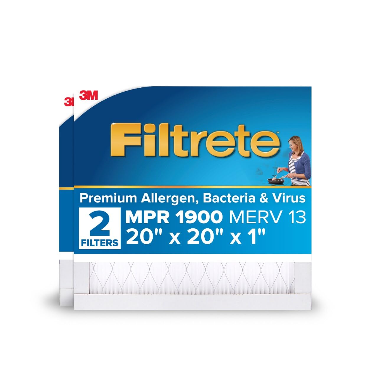 Filtrete 20x20x1 Furnace Air Filter MPR 1900 MERV 13, Healthy Living Ultimate Allergen, 2-Pack (exact dimensions 19.69 x 19.69 x 0.78)