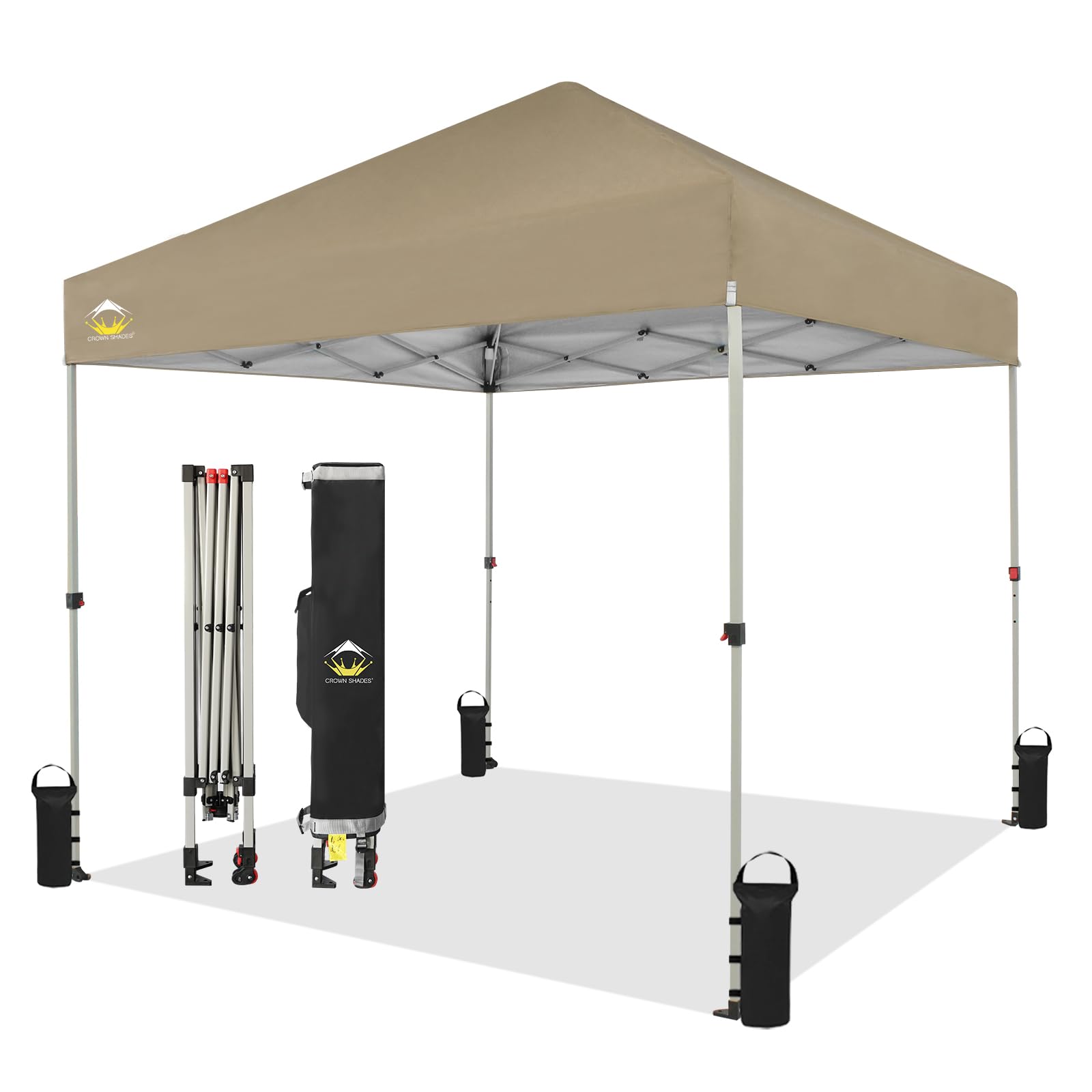 CROWN SHADES 8x8 Pop Up Canopy - Beach Tent with One Push Setup - Easy Outdoor Sun Shade for Events, Parties, Camping - Gazebo with STO-N-Go Cover Bag, Silver Coated Top, Beige