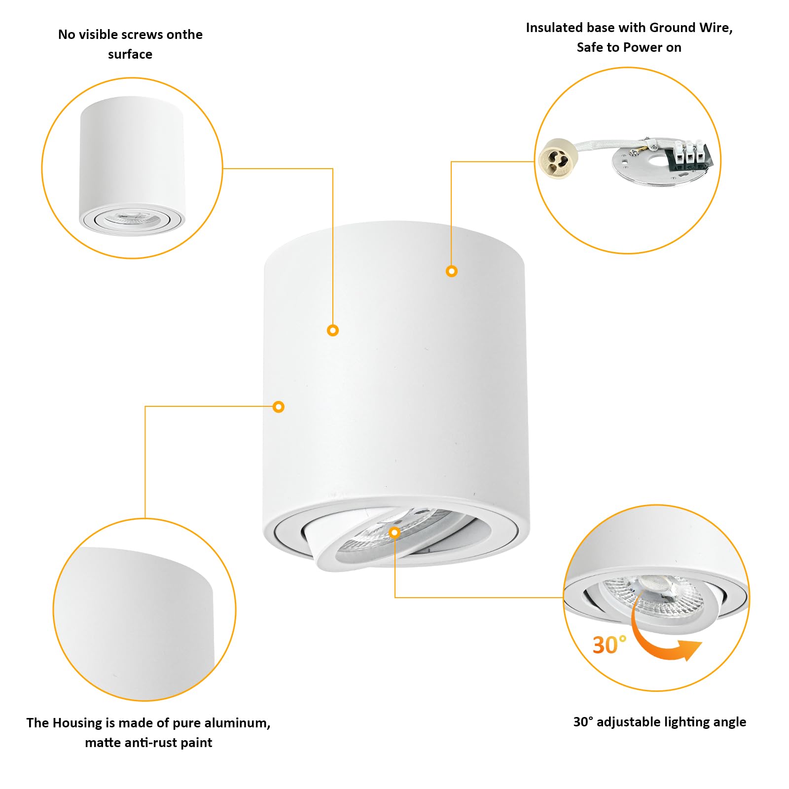 Focos LED Interior Techo Blanco, Foco Techo Orientable 5W GU10 3000K Cálido/ 4000K Natural/ 6000K Frio, Focos Superficie Aluminio, Aplique Techo 230V, Downlight LED Superficie Ø80x84mm