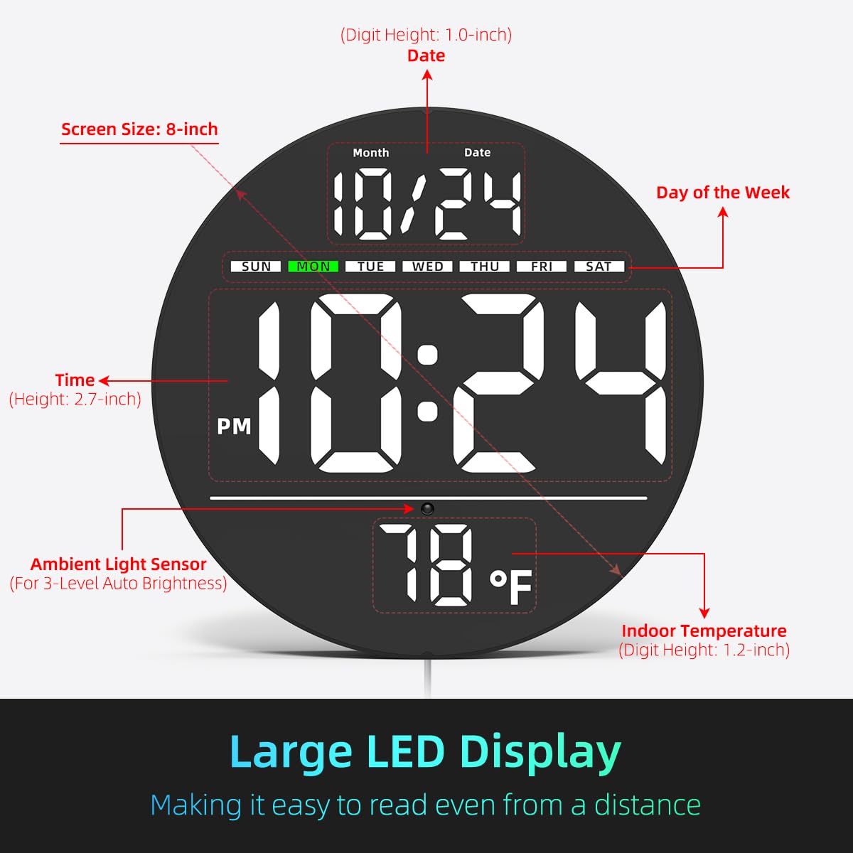 Digital Wall Clock with Large LED Display, Date, Temperature, Auto-Brightness | Small [PLUG-IN] Clock | Modern Electric Wall Clock for Bedroom, Classroom, Living Room, Home, Office, Farmhouse – White