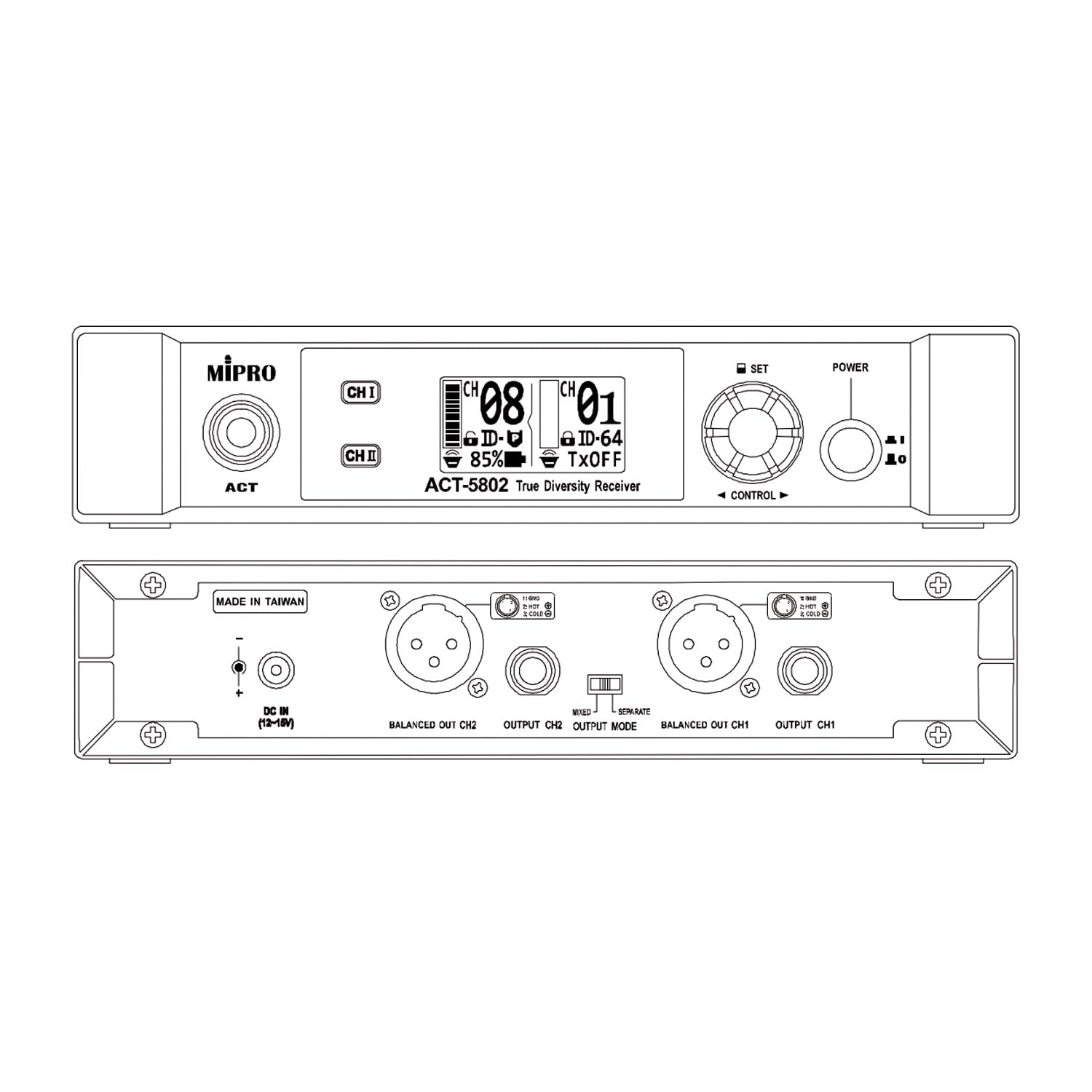 Mipro ACT-5802 - Ricevitore digitale wireless a 2 canali 5,8 GHz + TA-58 trasmettitore per microfono