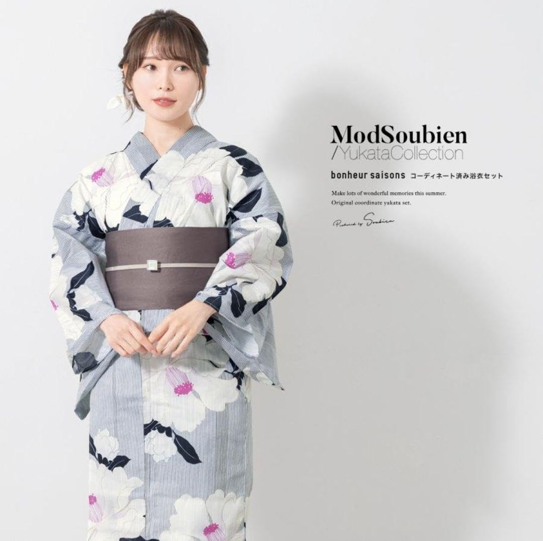 新品浴衣◇ bonheur saisons　ストライプ椿　【紫】 新品浴衣◇ bonheur saisons ストライプ椿 ラメ入り 新品浴衣