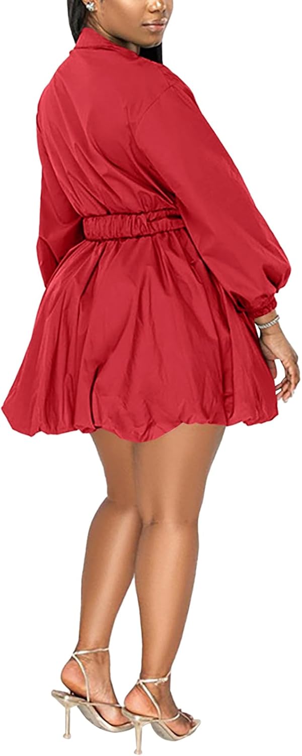 Uni Clau Womens Button Down Shirt Dress Long Sleeve A-Line Casual Puffy Short Mini Dress with Belt - Image 5