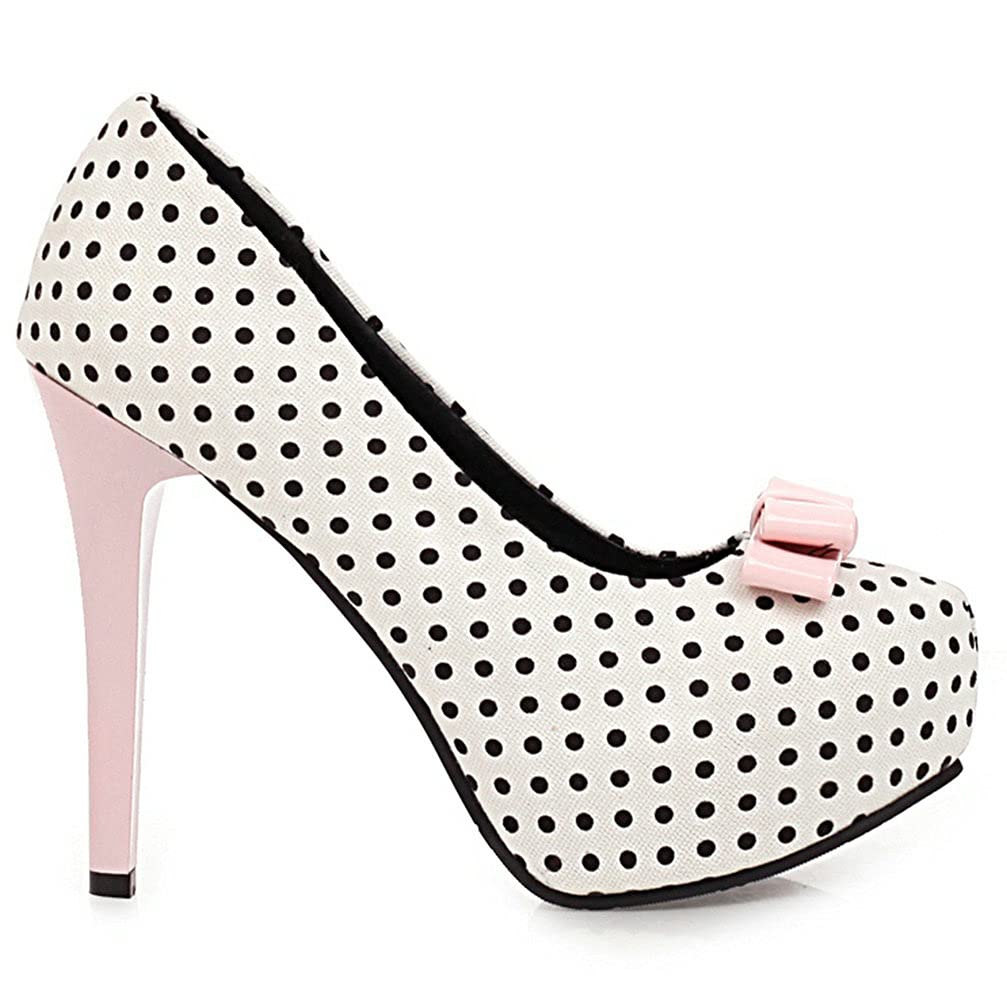 KOKOMOMO Womens Polka Dot High Heels Round Toe Platform Stiletto Pumps with Bows