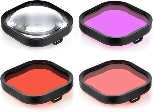 Paquete de 4 filtros de buceo subacuáticos para GoPro Hero 8 9 10 11 12, carcasa impermeable oficial negra en rojo, rojo claro, magenta y 5 filtros