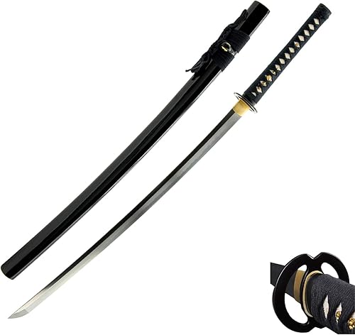 Espada japonesa Samurai Katana, Musashi Tsuba, forjada a mano, acero al carbono 1045, arcilla templada, Damasco, Tang, afilada