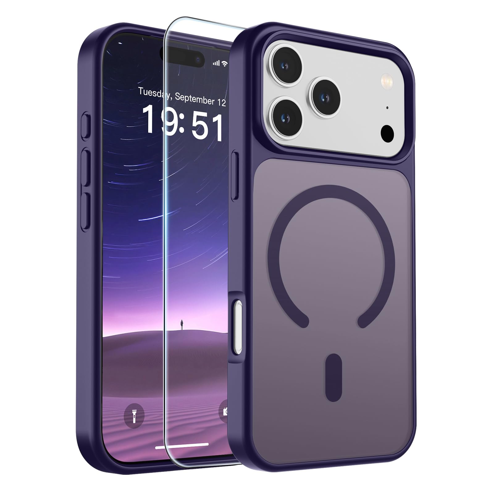 SUPFINE Magnetic for iPhone 17 Pro Max Case Dark Purple | With Screen Protector, Translucent Matte, Compatible with MagSafe, Military Grade Drop Proof, Rugged Shockproof Protective