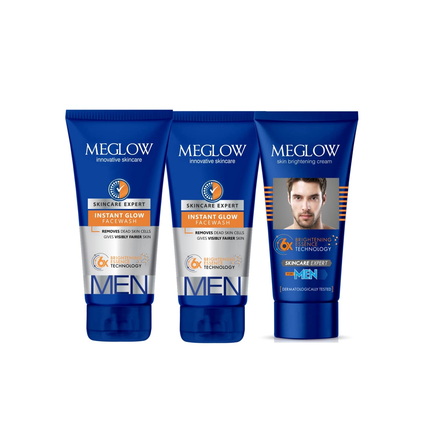 Meglow Men Fairness Cream 50g and Men's Instant Glow Facewash 70g x 2 for Brighter and Refreshing Skin | Gift for Husband and Boyfriend - Pack of 3 Combo