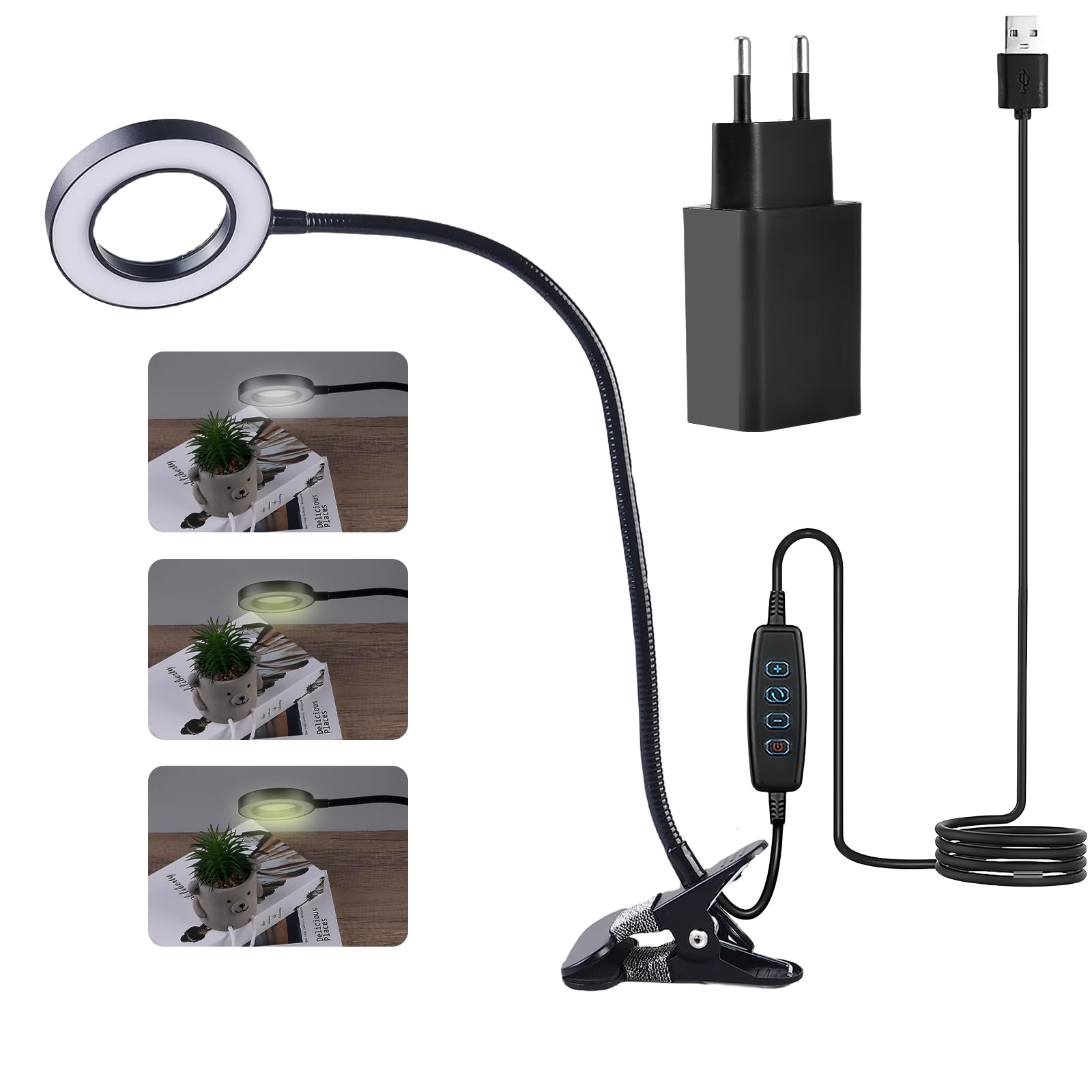 Luz Lectura, Lámpara de Lectura LED, Flexo LED Escritorio con Pinza, 3 Modos de Color Ajuste, 360° Flexible, con Adaptador, para Leer, Trabajar