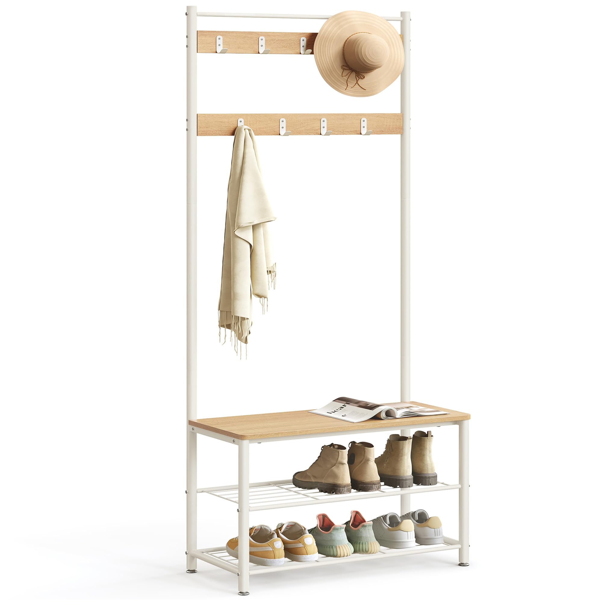 VASAGLE HSR041W09 3-in-1 Steel Frame Coat Rack with Shoe Shelf Hallway Modern Style Oak and Cream