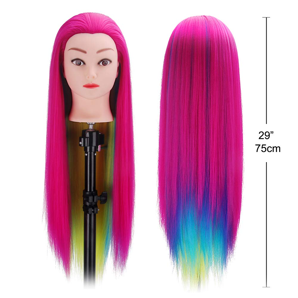 Cabeza de maniquí de pelo colorido de 29 pulgadas, cabeza de maniquí de cosmetología, cabeza de muñeca, práctica de peinado, cabezales de trenzado con soporte de abrazadera y juego de 2