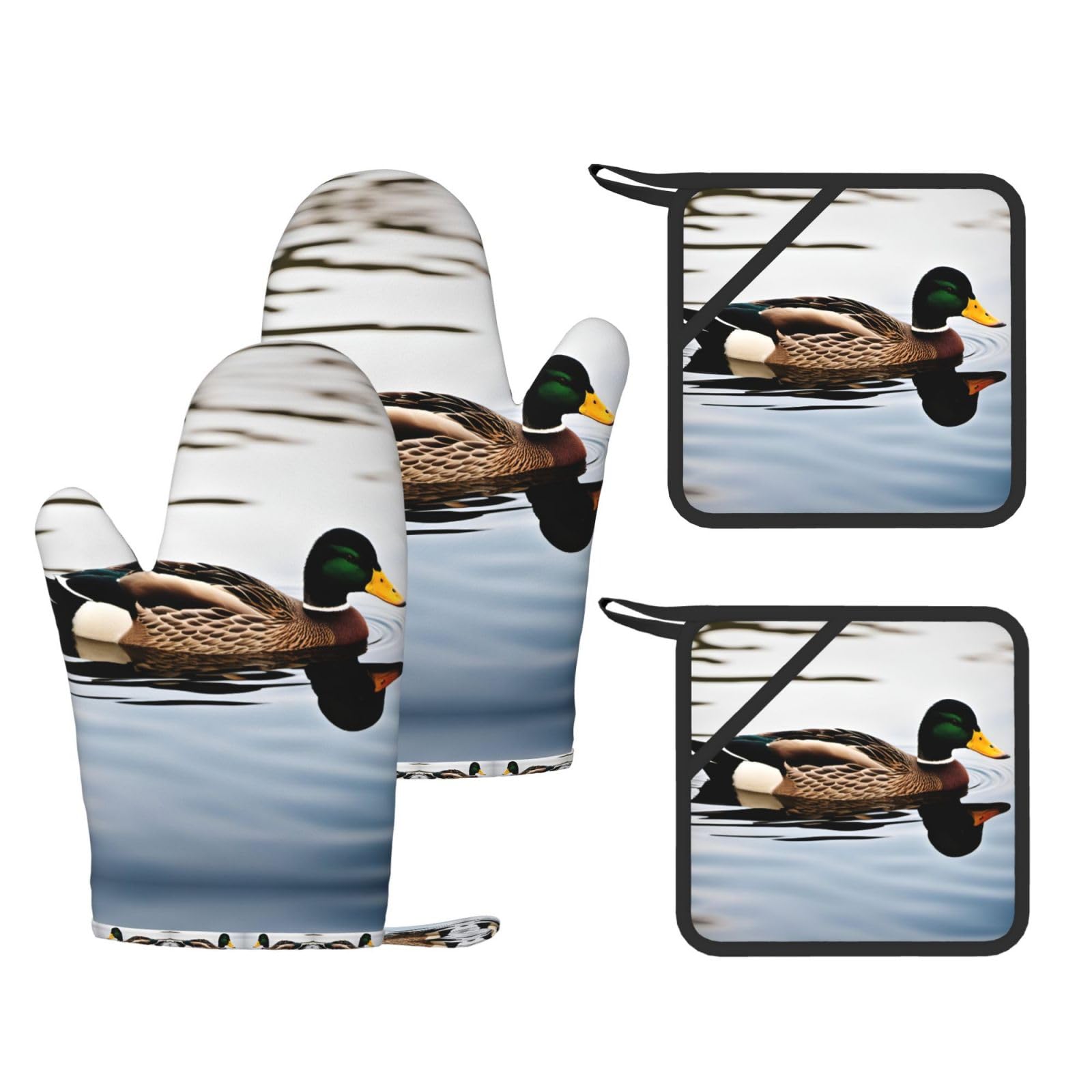 domestic duck Printed Oven Mitts with Pocket and Hot Pads, Silicone Non-Slip Kitchen Gloves for Baking BBQ