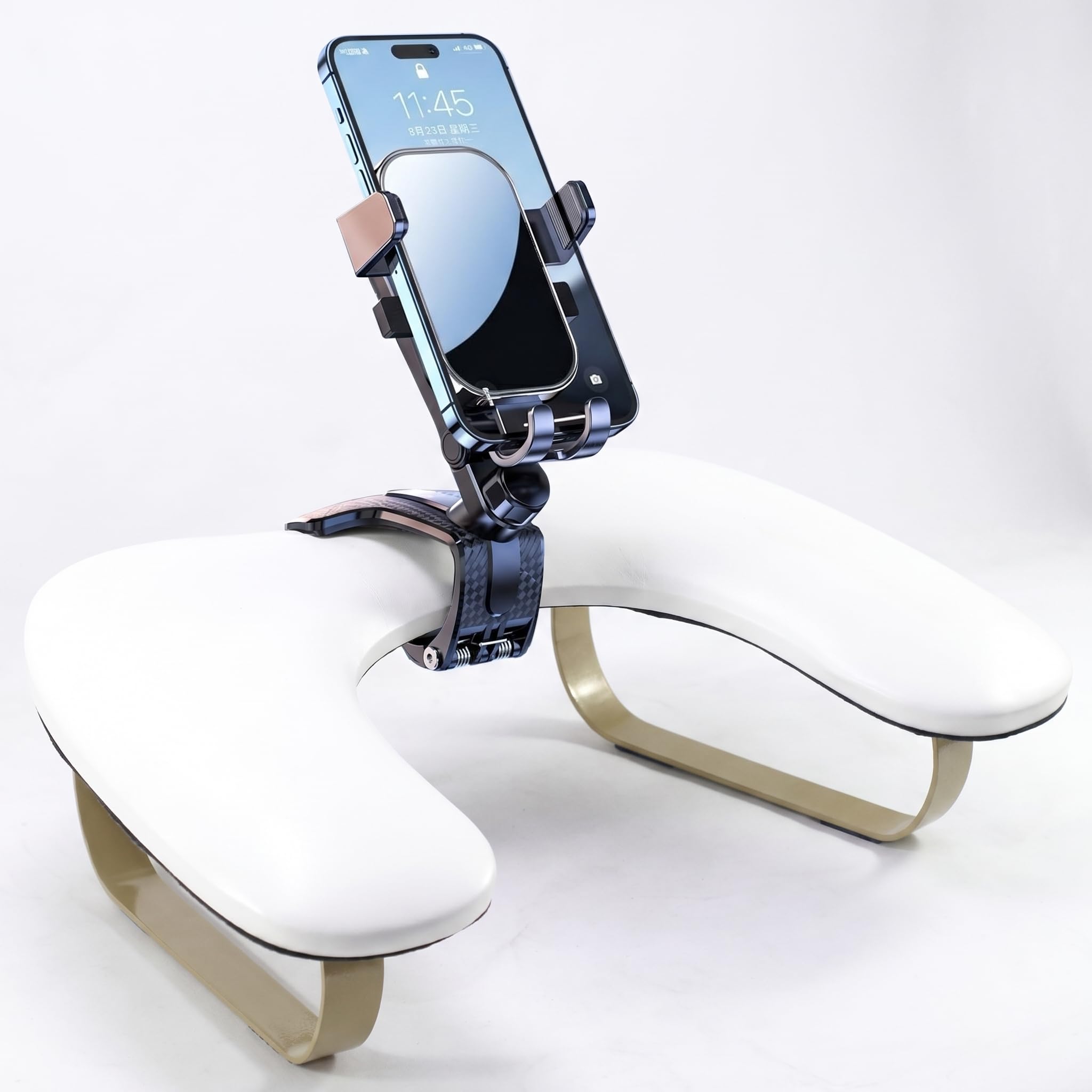 Reposabrazos para uñas con soporte para teléfono: plegable/ajustable/giratorio de 360° - Reposabrazos en forma de U para uñas con reposapiés curvado dorado - Reposamanos de ángulo de inclinación de 45