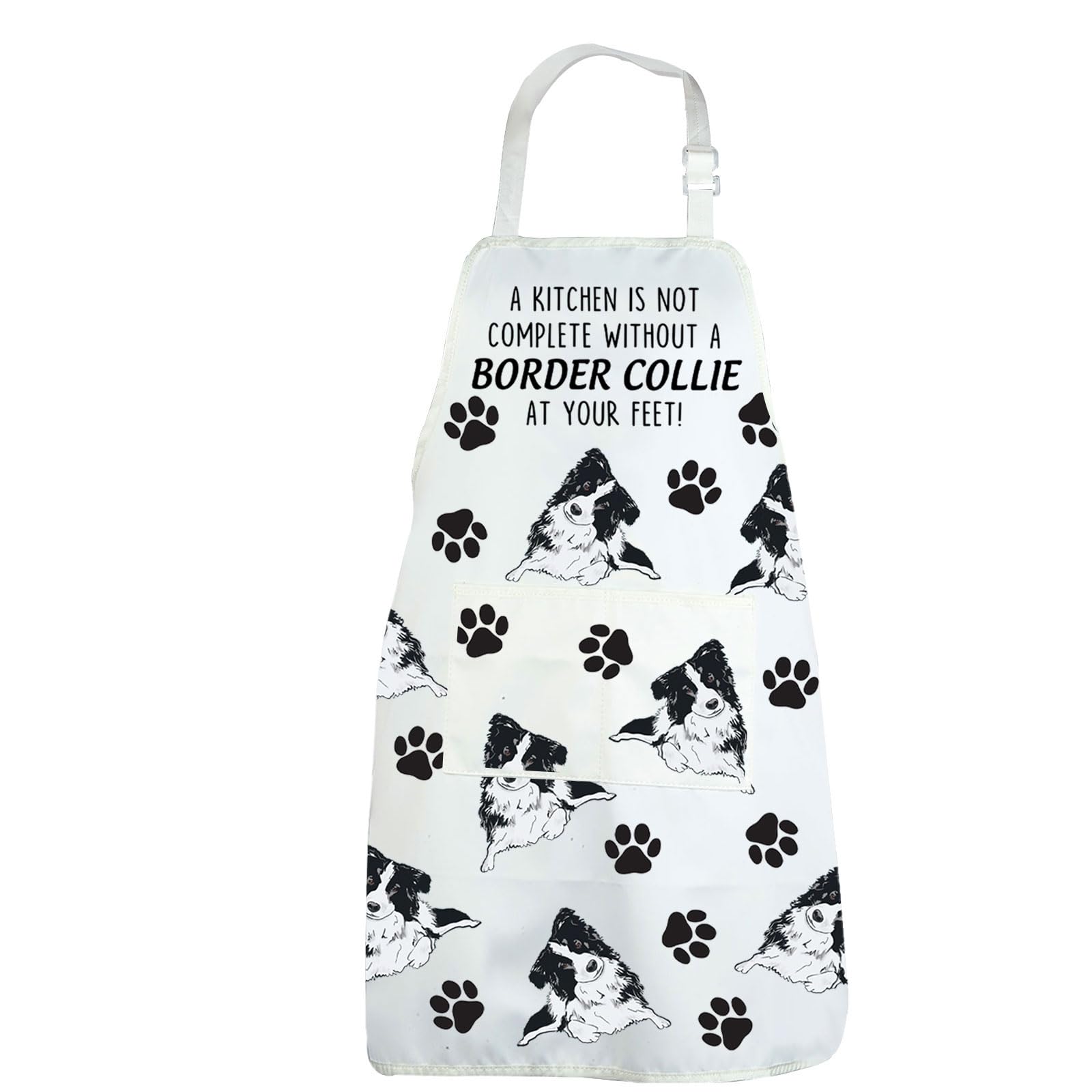 CENWA Mom Apron With Pockets - Border Collie Lover Gifts, Dog Owner Gifts, Adjustable Cooking Apron, White, 72*68 cm (28.34*26.77inch)