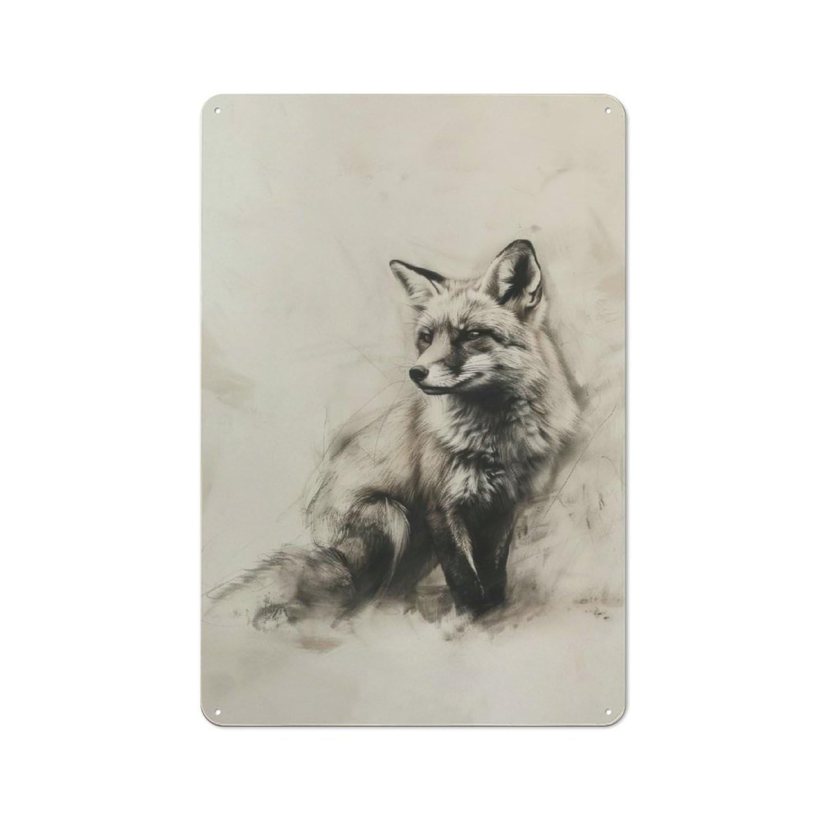 Junmoney Fox In Charcoal Art Retro Metal Sign With Design 30X20cm, Nostalgic Vintage Wall Decor For Kitchen, Hallway, Bar Or Small Cafe