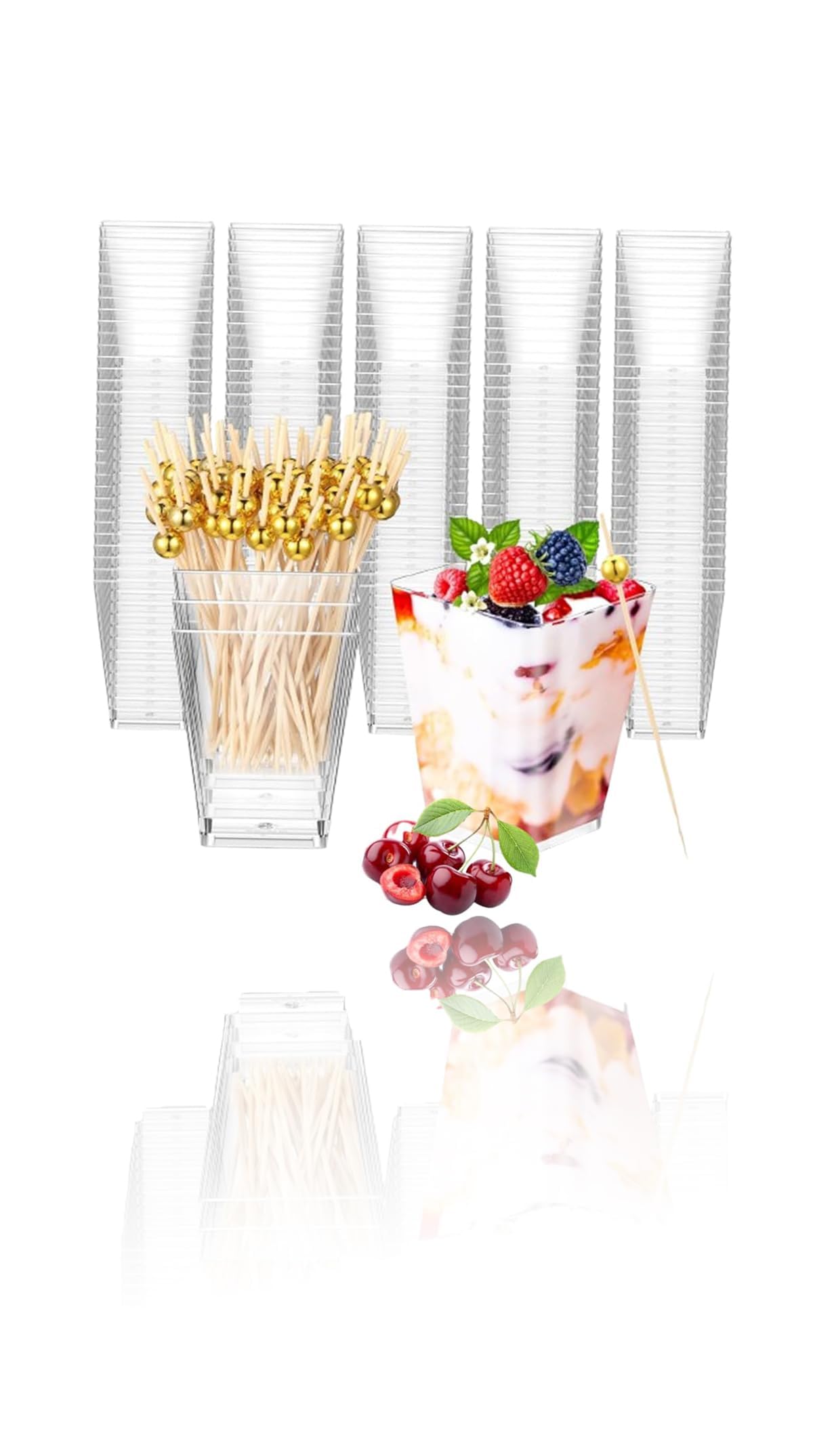 Sweet seven 100 Pack 5 oz Square Plastic Dessert Cups with Bamboo Skewers - Clear for Yogurt Parfait, Desserts, and More