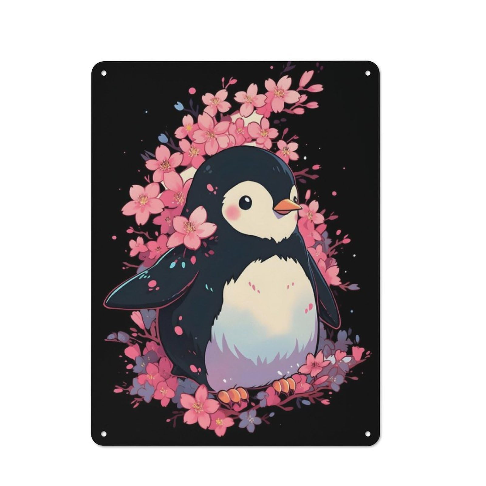 Junmoney Cherry Flower Penguin Decorative Metal Sign 40X30cm, Creative Studio Wall Plaque For Hobby Room, Office, Lounge Or Living Room