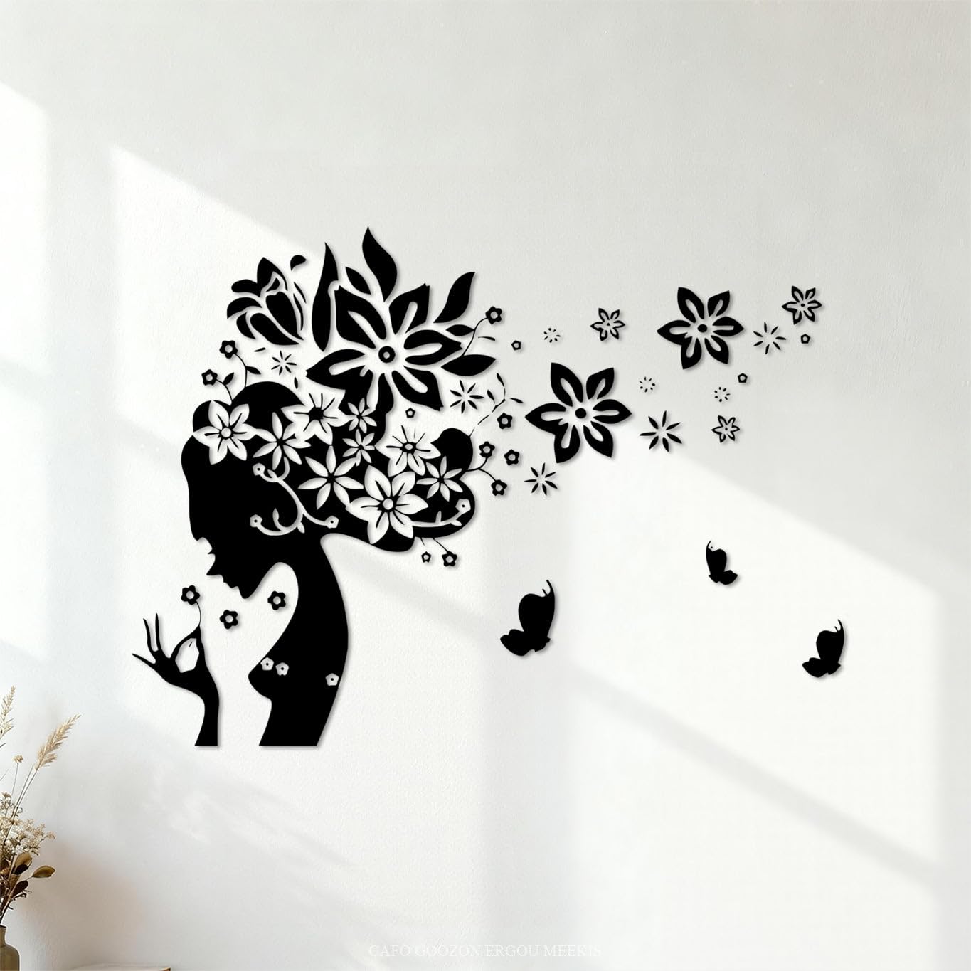 Ergou Stickerdecal-87080 Woman Silhouette Hair Salon With Flowers And Butterflies Hairdresser Wall Decals Paster Paper 68X93.3cm Do Not Damage The Wall Surface Black
