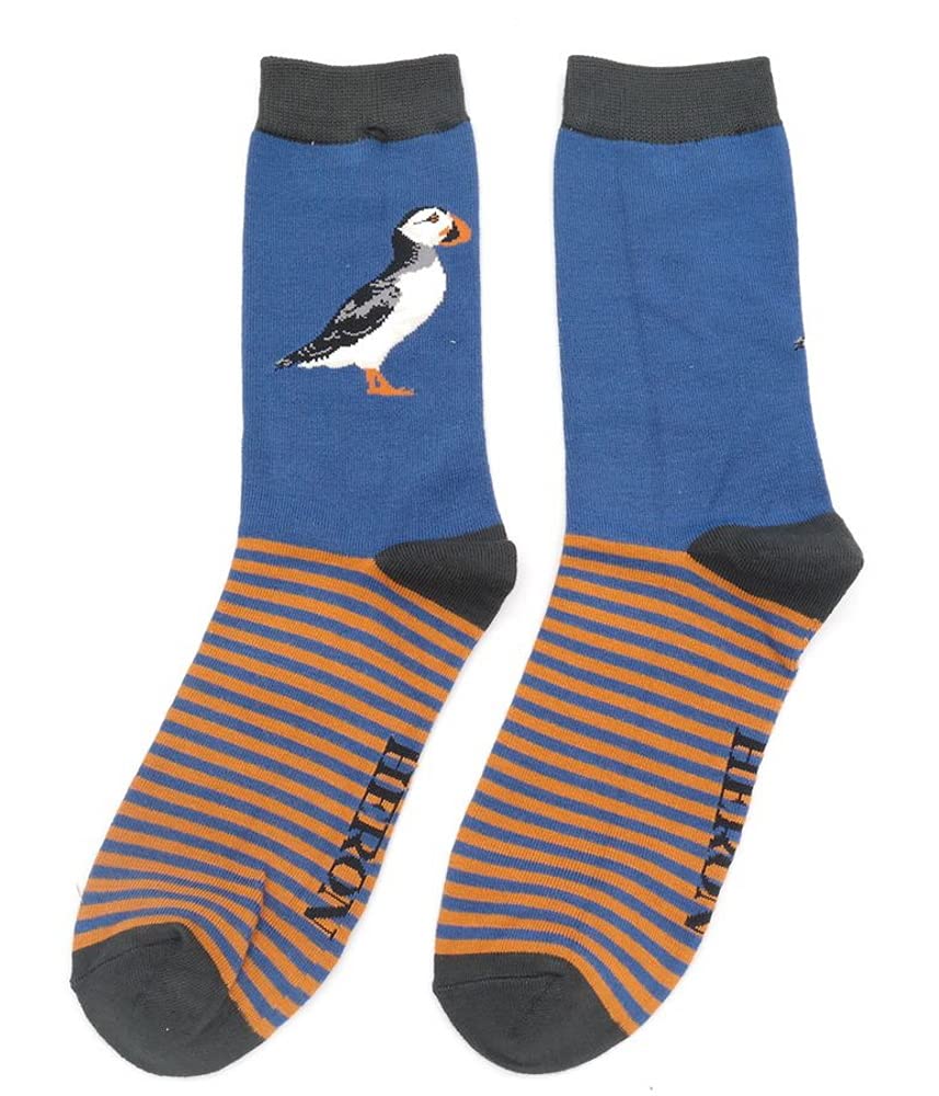 LilyRosa Mens Puffin Socks 6-11 Red Mustard Blue Puffins Bamboo 1 Pair