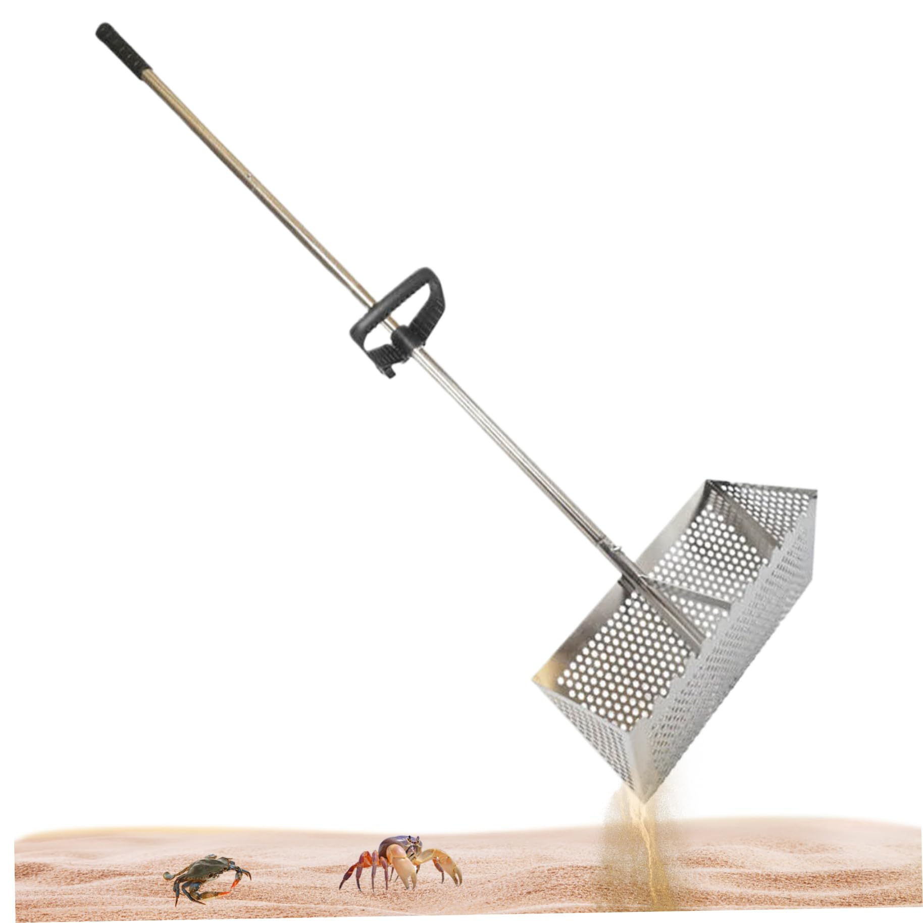 Rastrello esagonale in acciaio inox da 130 cm, denti smussati, impugnatura antiscivolo, setaccio rimovibile per sabbia e pulci e strumenti efficienti per la pulizia della spiaggia