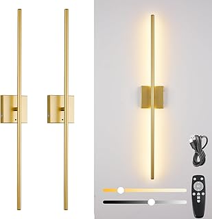 40 Inch Wireless Wall Sconces Set of 2, Rechargeable Battery Operated Wall Sconce With Remote & Touch, 8000mah, 3 Color Modes, Magnetic, 360° Rotate, for Bedroom, Living Room, Hallway Decor, Gold
